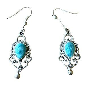 Enamel Mixed Metal Filigree Dangle Drop Earrings Silver Tone Boho Ethnic